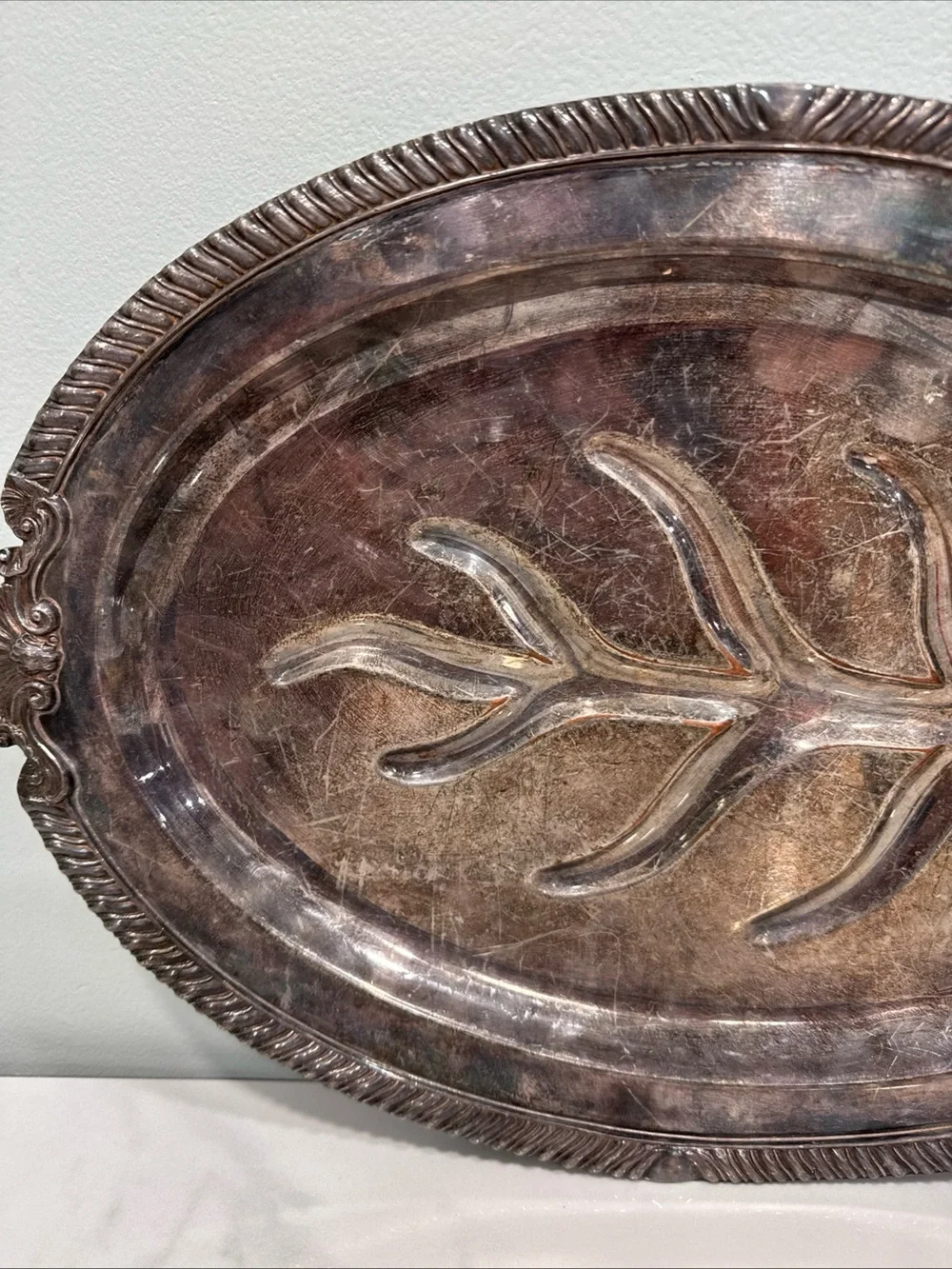 Silver-copper  Decorative Oval Serving Tray with Leaf Motif,  vintage